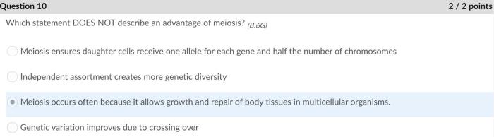 All but one statement describes an advantage of meiosis.