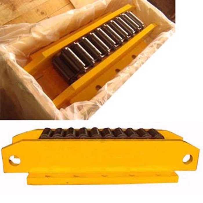 Roller skids for moving heavy equipment use rollers made of